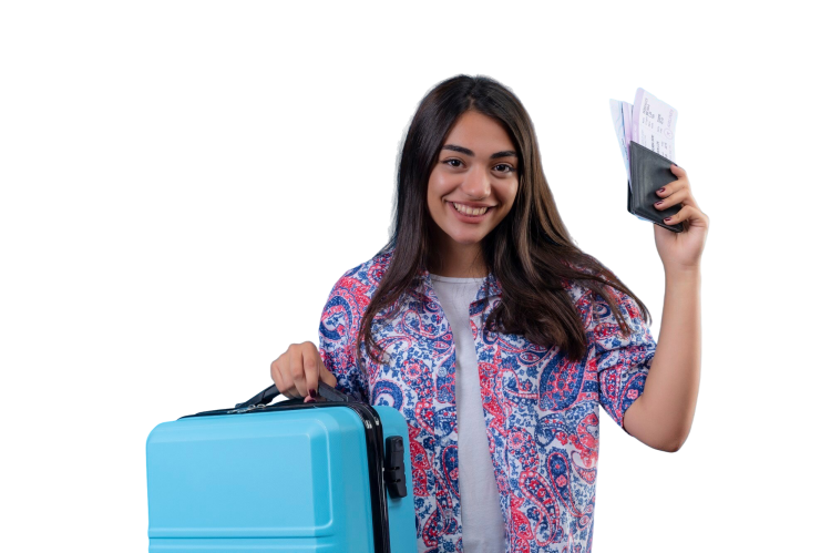 beautiful-tourist-woman-holding-travel-suitcase-passport-with-tickets-with-smile-face-happy-positive-travel-concept-standing-blue-space
